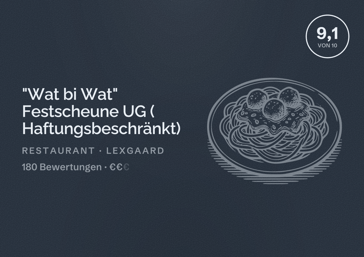 Illustriertes Poster von "Wat bi Wat" Festscheune UG ( Haftungsbeschränkt), Restaurant in Lexgaard: Bewertung 9,1 von 10 aus 180 Bewertungen, Preisniveau €€