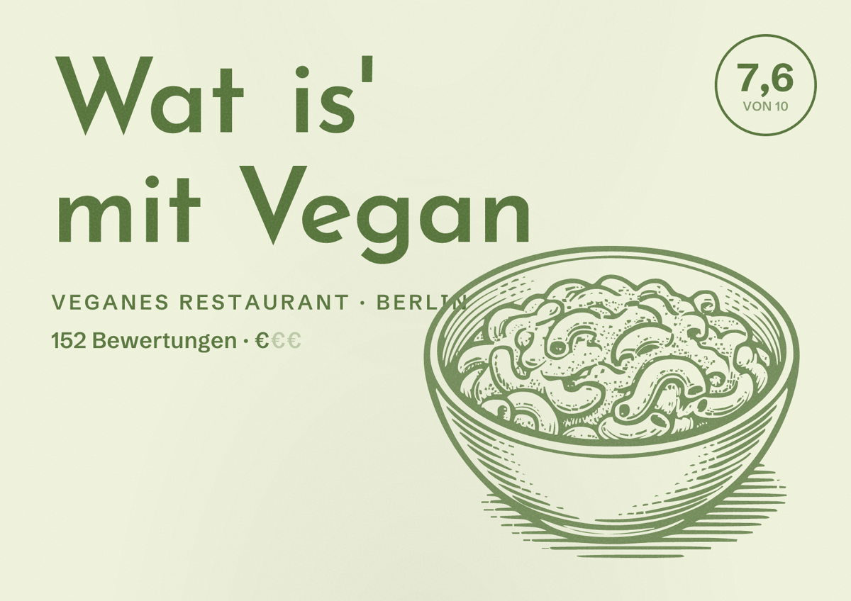 Illustriertes Poster von Wat is' mit Vegan, Veganes Restaurant in Berlin: Bewertung 7,6 von 10 aus 152 Bewertungen, Preisniveau €