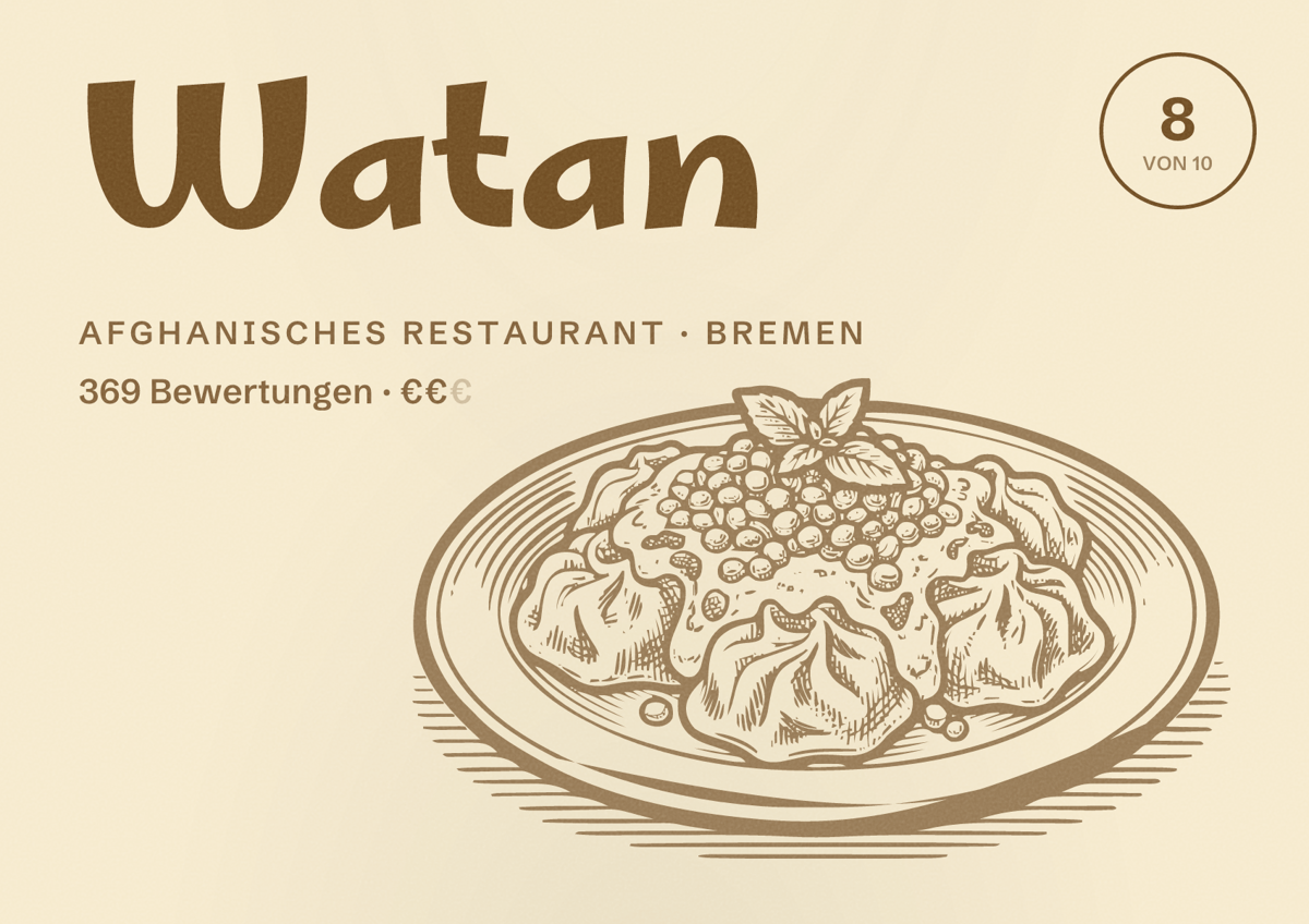 Illustriertes Poster von Watan, Afghanisches Restaurant in Bremen: Bewertung 8 von 10 aus 369 Bewertungen, Preisniveau €€