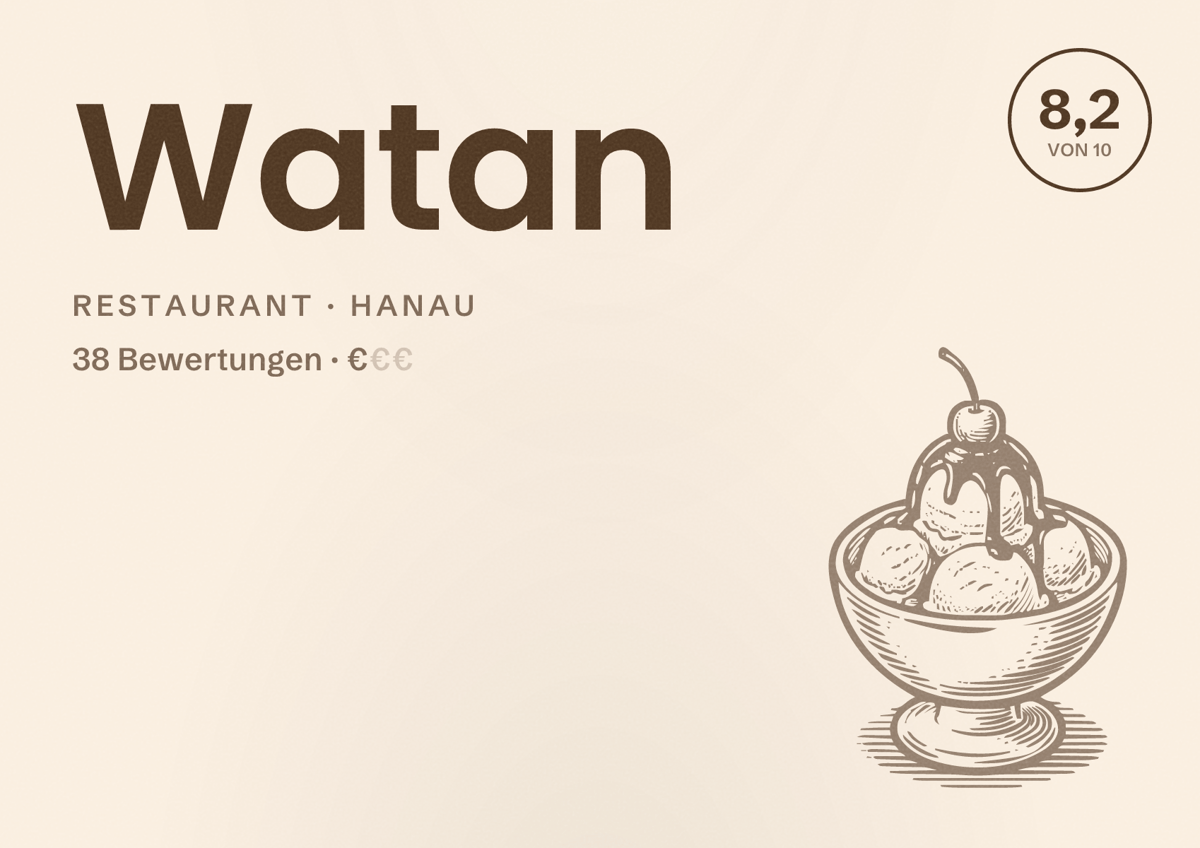 Illustriertes Poster von Watan, Restaurant in Hanau: Bewertung 8,2 von 10 aus 38 Bewertungen, Preisniveau €