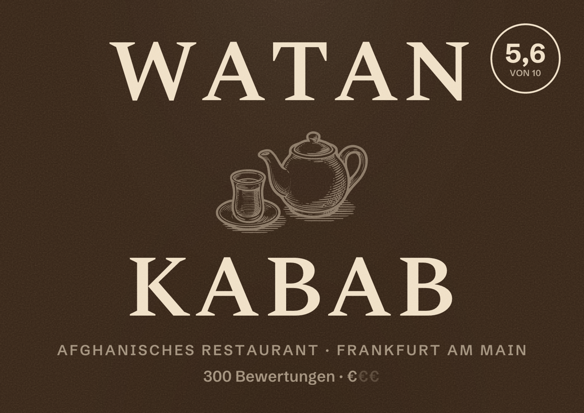 Illustriertes Poster von WATAN KABAB, Afghanisches Restaurant in Frankfurt am Main: Bewertung 5,6 von 10 aus 300 Bewertungen, Preisniveau €