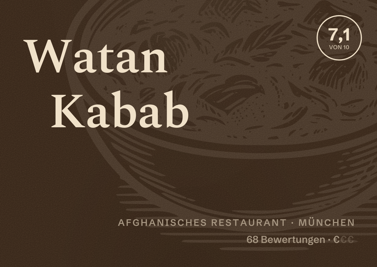 Illustriertes Poster von Watan Kabab, Afghanisches Restaurant in München: Bewertung 7,1 von 10 aus 68 Bewertungen, Preisniveau €