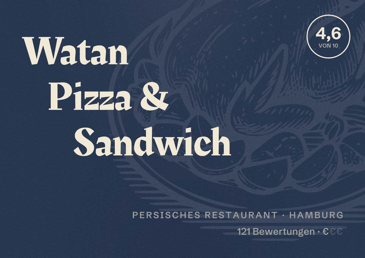 Illustriertes Poster von Watan Pizza & Sandwich, Persisches Restaurant in Hamburg: Bewertung 4,6 von 10 aus 121 Bewertungen, Preisniveau €