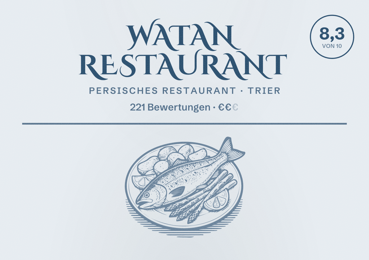Illustriertes Poster von Watan Restaurant, Persisches Restaurant in Trier: Bewertung 8,3 von 10 aus 221 Bewertungen, Preisniveau €€