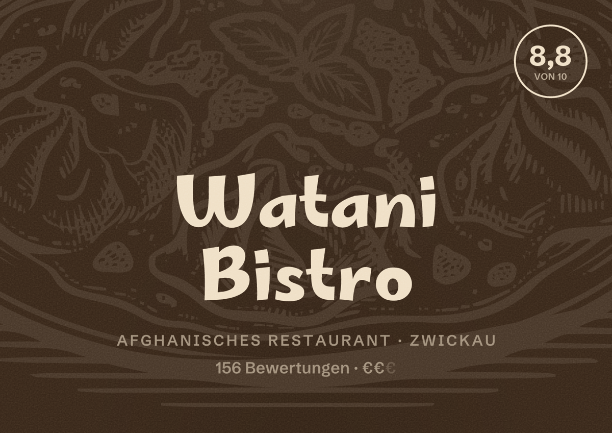Illustriertes Poster von Watani Bistro, Afghanisches Restaurant in Zwickau: Bewertung 8,8 von 10 aus 156 Bewertungen, Preisniveau €€