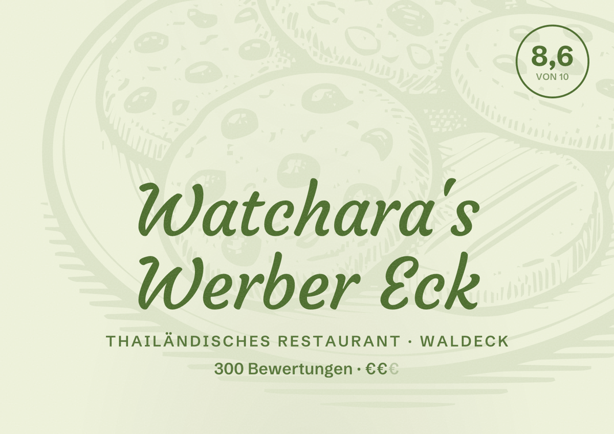 Illustriertes Poster von Watchara's Werber Eck, Thailändisches Restaurant in Waldeck: Bewertung 8,6 von 10 aus 300 Bewertungen, Preisniveau €€