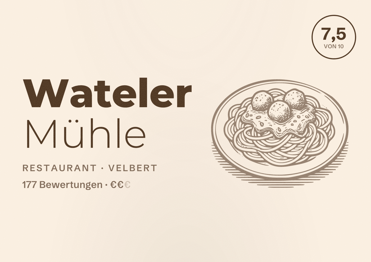 Illustriertes Poster von Wateler Mühle, Restaurant in Velbert: Bewertung 7,5 von 10 aus 177 Bewertungen, Preisniveau €€