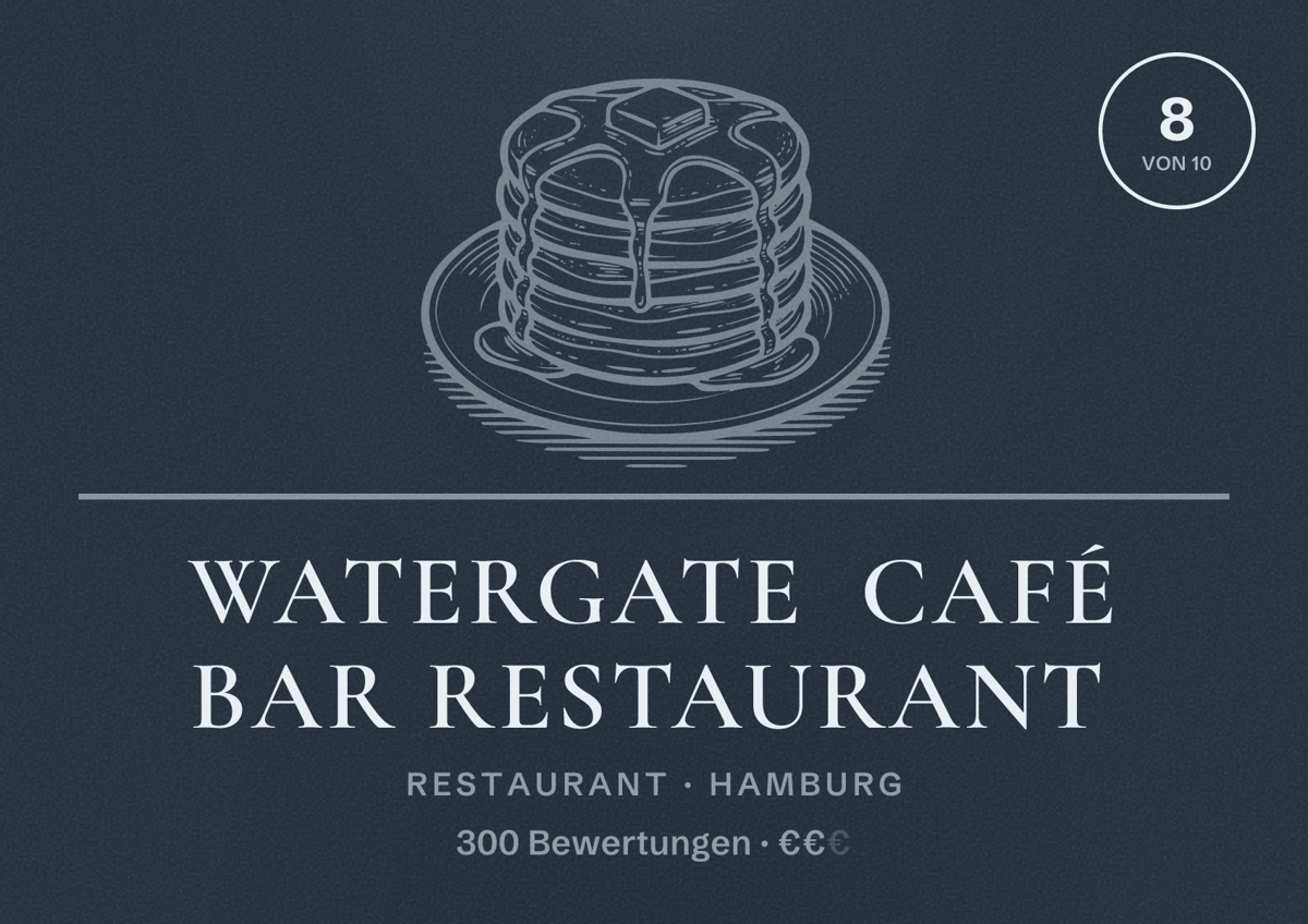 Illustriertes Poster von Watergate Café Bar Restaurant, Restaurant in Hamburg: Bewertung 8,0 von 10 aus 300 Bewertungen, Preisniveau €€