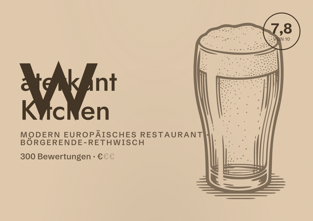 Illustriertes Poster von Waterkant Kitchen, Modern europäisches Restaurant in Börgerende-Rethwisch: Bewertung 7,8 von 10 aus 300 Bewertungen, Preisniveau €
