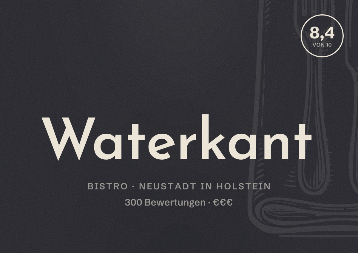 Illustriertes Poster von Waterkant, Bistro in Neustadt in Holstein: Bewertung 8,4 von 10 aus 300 Bewertungen, Preisniveau €€€