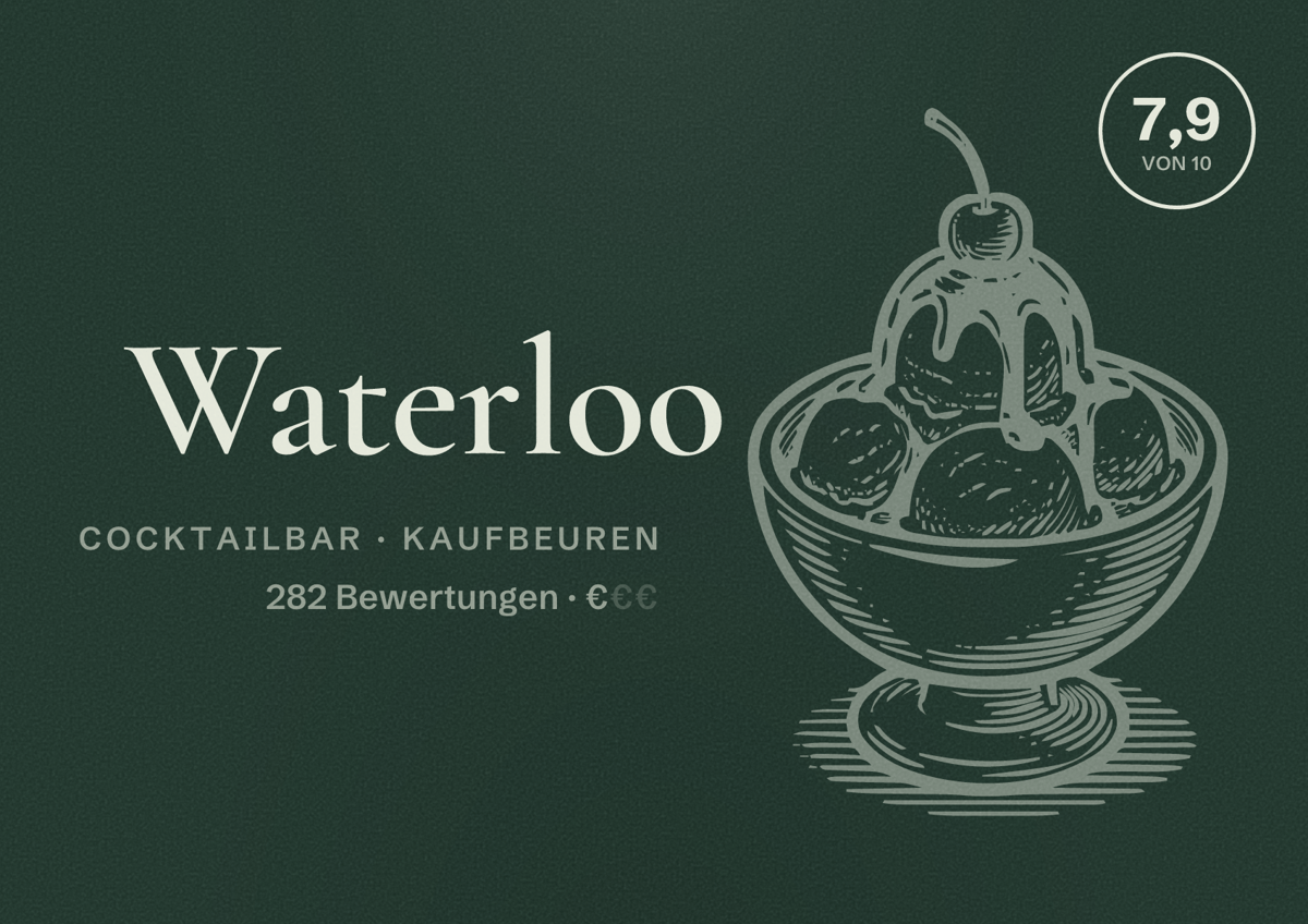 Illustriertes Poster von Waterloo, Cocktailbar in Kaufbeuren: Bewertung 7,9 von 10 aus 282 Bewertungen, Preisniveau €