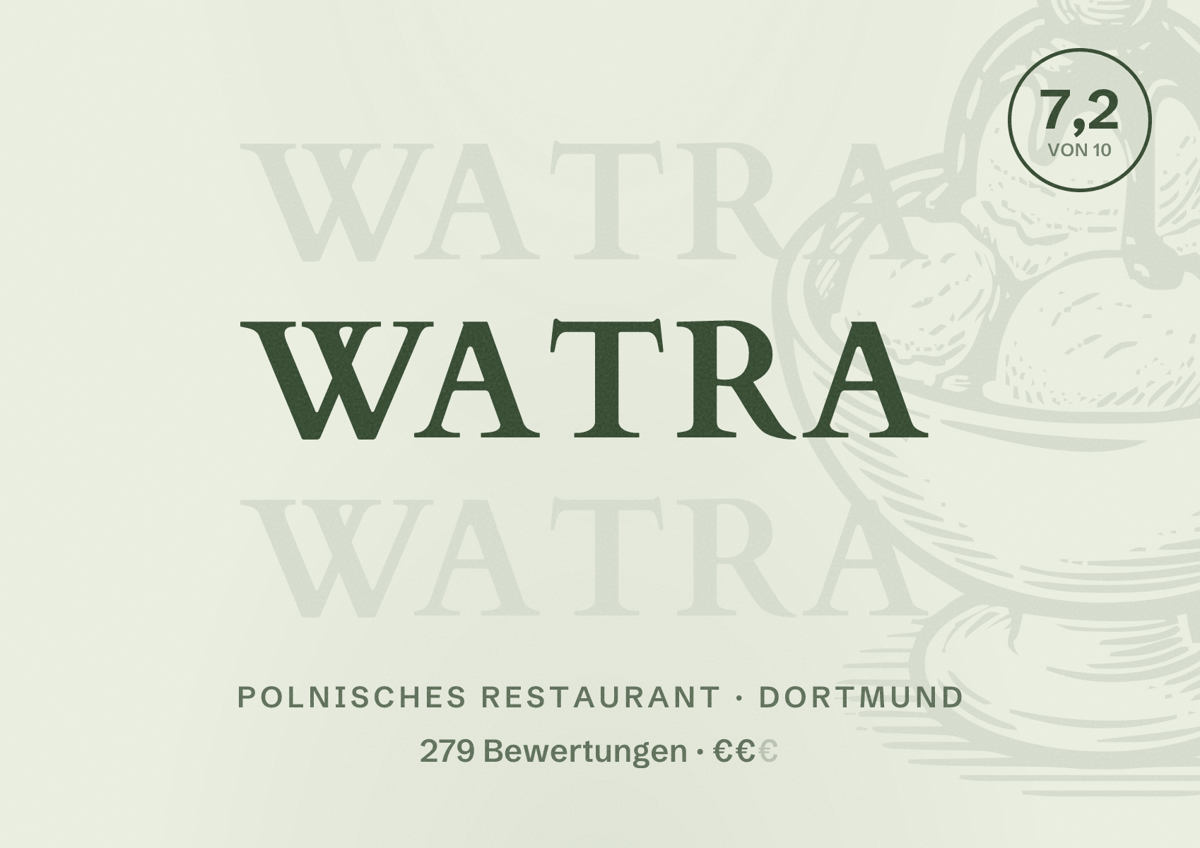 Illustriertes Poster von Watra, Polnisches Restaurant in Dortmund: Gästebewertung 7,2 von 10 aus 279 Bewertungen