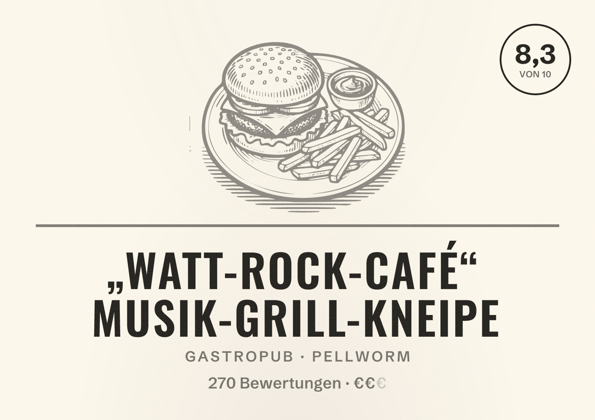 Illustriertes Poster von „Watt-Rock-Café“ Musik-Grill-Kneipe, Gastropub in Pellworm: Bewertung 8,3 von 10 aus 270 Bewertungen, Preisniveau €€