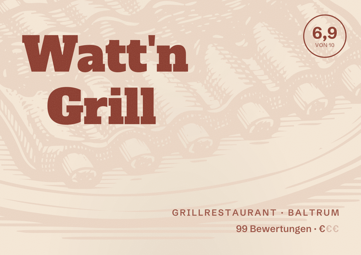 Illustriertes Poster von Watt'n Grill, Grillrestaurant in Baltrum: Bewertung 6,9 von 10 aus 99 Bewertungen, Preisniveau €