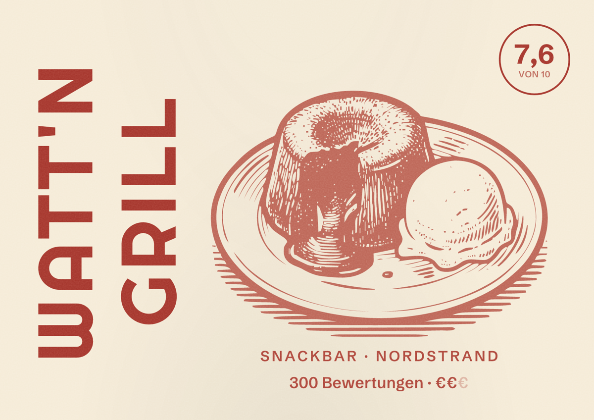Illustriertes Poster von WATT'N GRILL, Snackbar in Nordstrand: Bewertung 7,6 von 10 aus 300 Bewertungen, Preisniveau €€