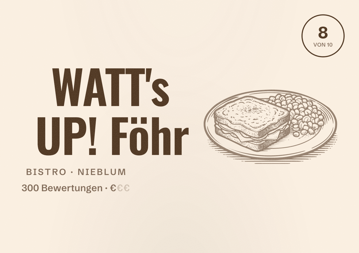 Illustriertes Poster von WATT's UP! Föhr, Bistro in Nieblum: Bewertung 8 von 10 aus 300 Bewertungen, Preisniveau €