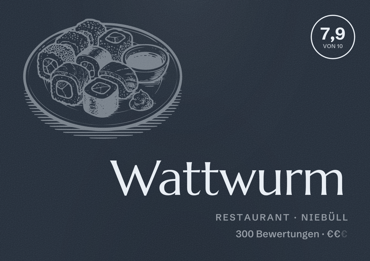 Illustriertes Poster von Wattwurm, Restaurant in Niebüll: Bewertung 7,9 von 10 aus 300 Bewertungen, Preisniveau €€