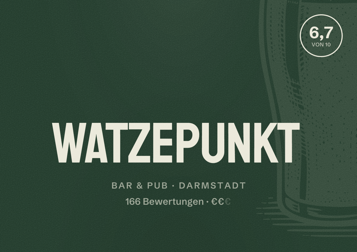 Illustriertes Poster von Watzepunkt, Bar & Pub in Darmstadt: Bewertung 6,7 von 10 aus 166 Bewertungen, Preisniveau €€