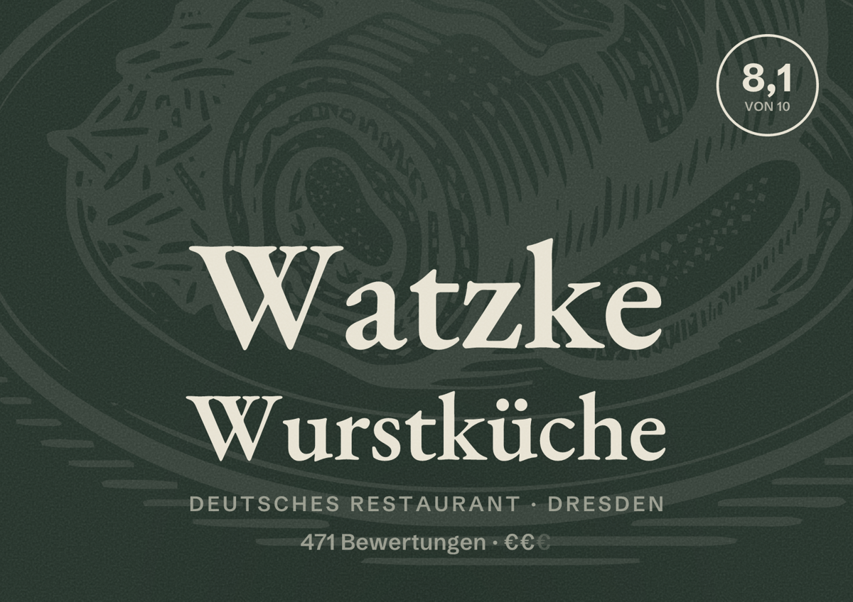 Illustriertes Poster von Watzke Wurstküche, Deutsches Restaurant in Dresden: Bewertung 8,1 von 10 aus 471 Bewertungen, Preisniveau €€