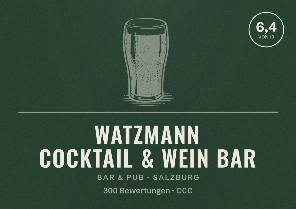 Illustriertes Poster von Watzmann Cocktail & Wein Bar, Bar & Pub in Salzburg: Bewertung 6,4 von 10 aus 300 Bewertungen, Preisniveau €€€