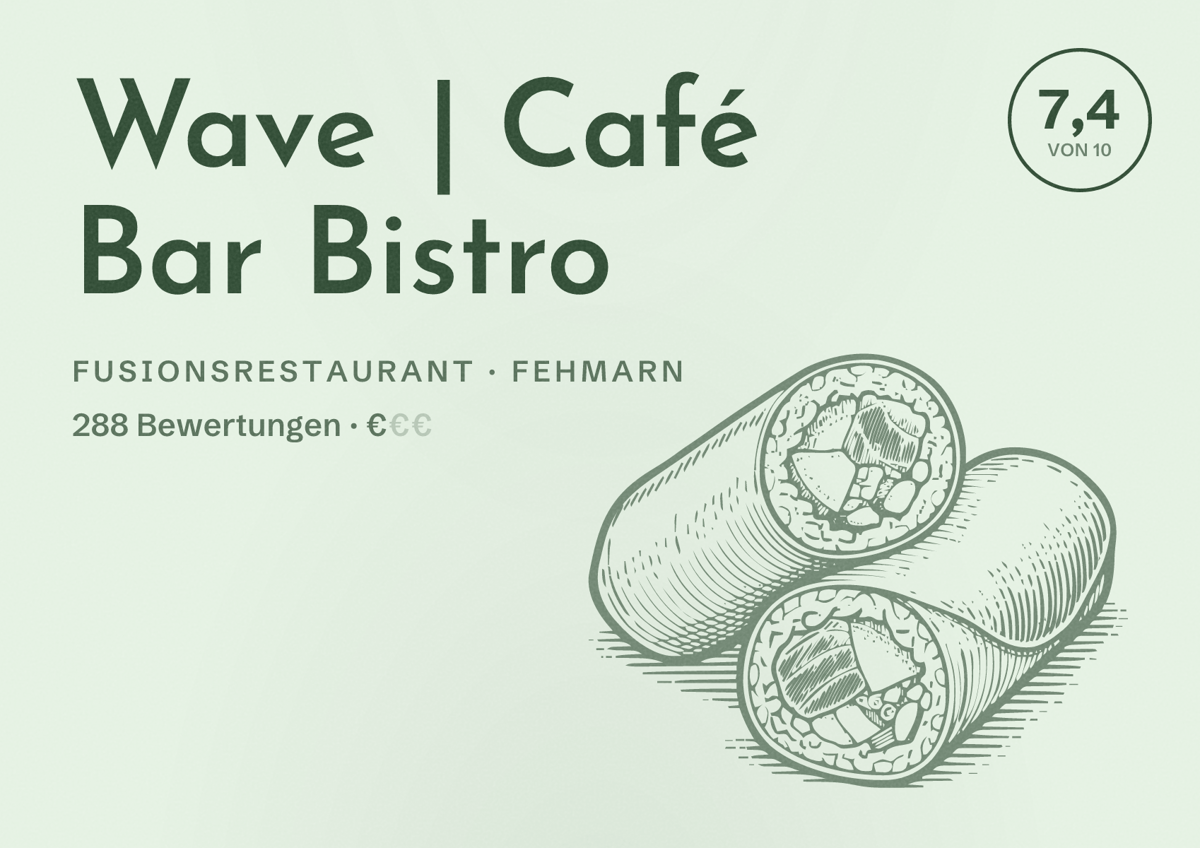 Illustriertes Poster von Wave | Café Bar Bistro, Fusionsrestaurant in Fehmarn: Bewertung 7,4 von 10 aus 288 Bewertungen, Preisniveau €