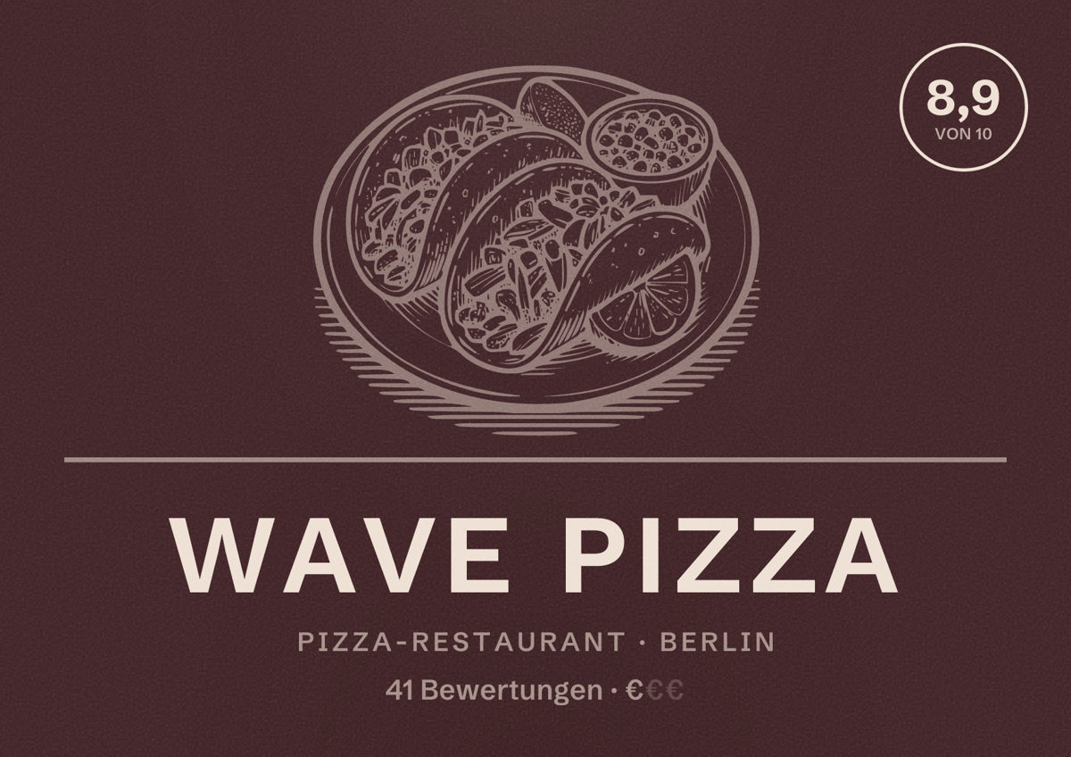 Illustriertes Poster von Wave Pizza, Pizza-Restaurant in Berlin: Bewertung 8,9 von 10 aus 41 Bewertungen, Preisniveau €