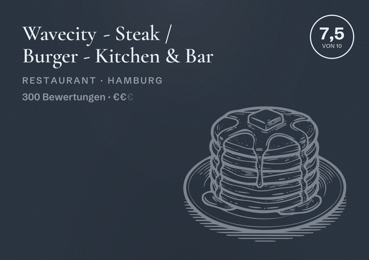 Illustriertes Poster von Wavecity - Steak / Burger - Kitchen & Bar, Restaurant in Hamburg: Bewertung 7,5 von 10 aus 300 Bewertungen, Preisniveau €€