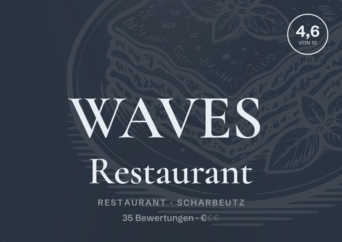 Illustriertes Poster von WAVES Restaurant, Restaurant in Scharbeutz: Bewertung 4,6 von 10 aus 35 Bewertungen, Preisniveau €