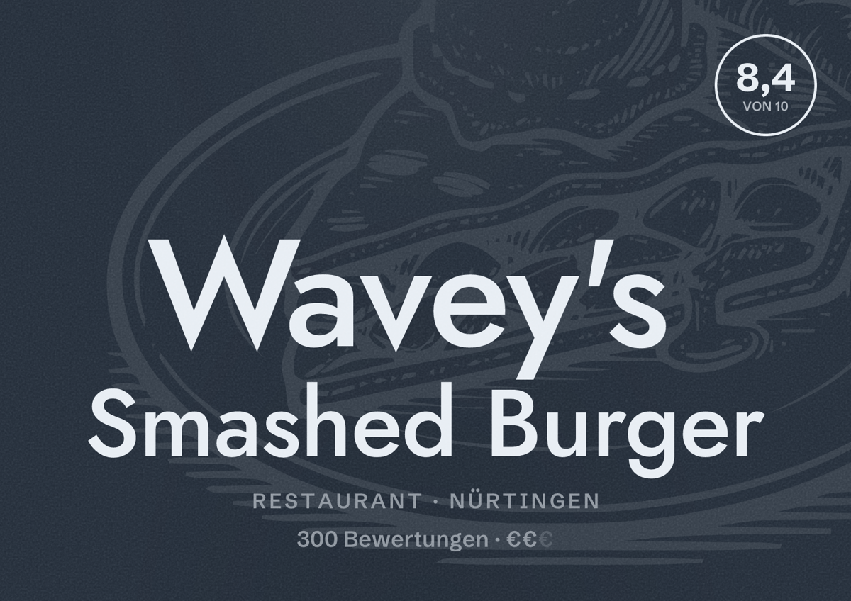 Illustriertes Poster von Wavey's Smashed Burger, Restaurant in Nürtingen: Bewertung 8,4 von 10 aus 300 Bewertungen, Preisniveau €€
