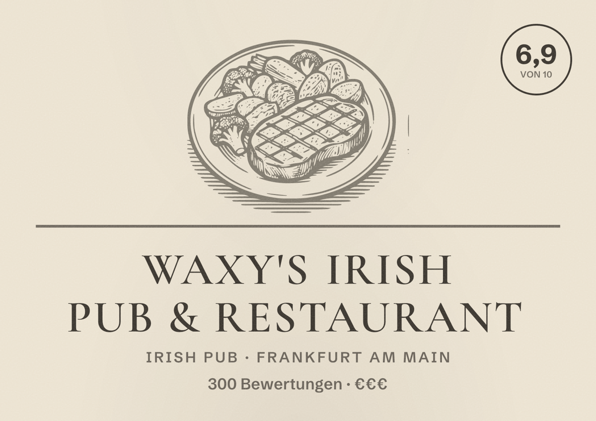 Illustriertes Poster von Waxy's Irish Pub & Restaurant, Irish Pub in Frankfurt am Main: Bewertung 6,9 von 10 aus 300 Bewertungen, Preisniveau €€€