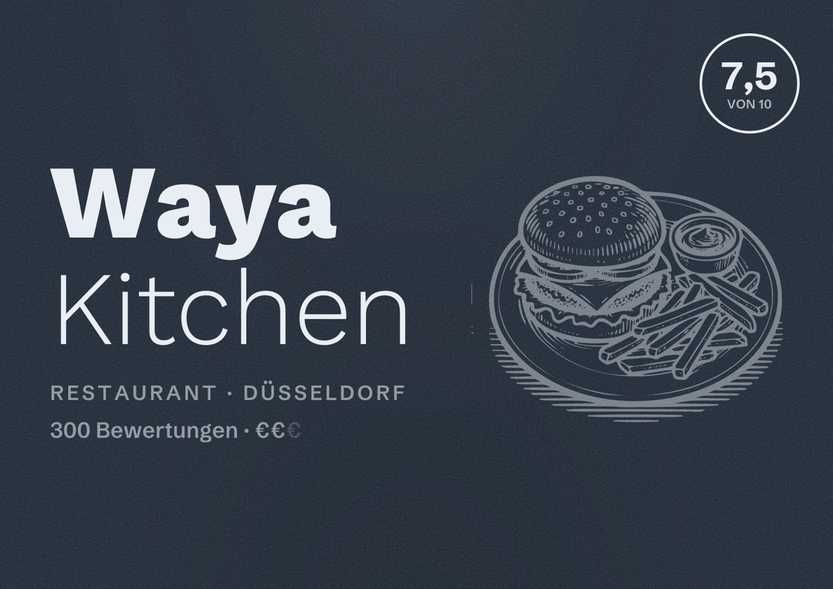 Illustriertes Poster von Waya Kitchen, Restaurant in Düsseldorf: Bewertung 7,5 von 10 aus 300 Bewertungen, Preisniveau €€