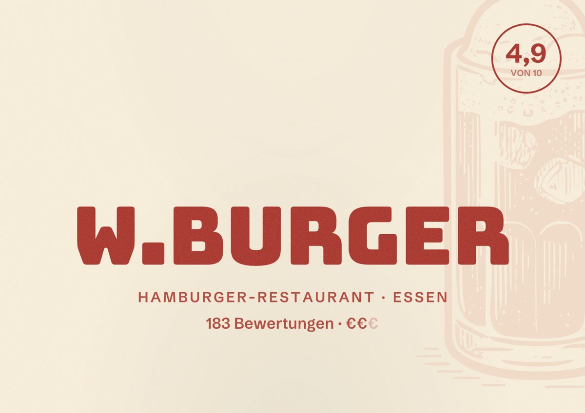 Illustriertes Poster von W.Burger, Hamburger-Restaurant in Essen: Gästebewertung 4,9 von 10 aus 183 Bewertungen
