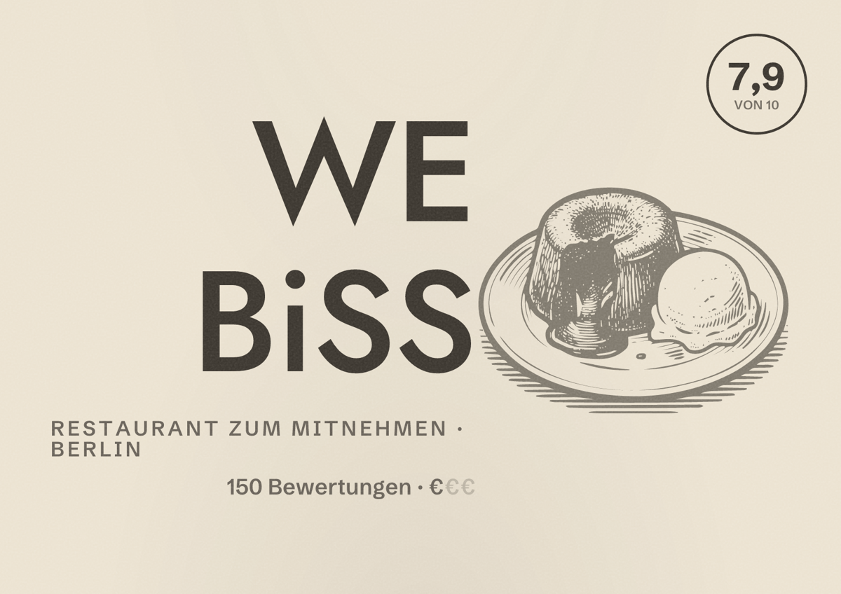 Illustriertes Poster von WE BiSS, Restaurant zum Mitnehmen in Berlin: Bewertung 7,9 von 10 aus 150 Bewertungen, Preisniveau €