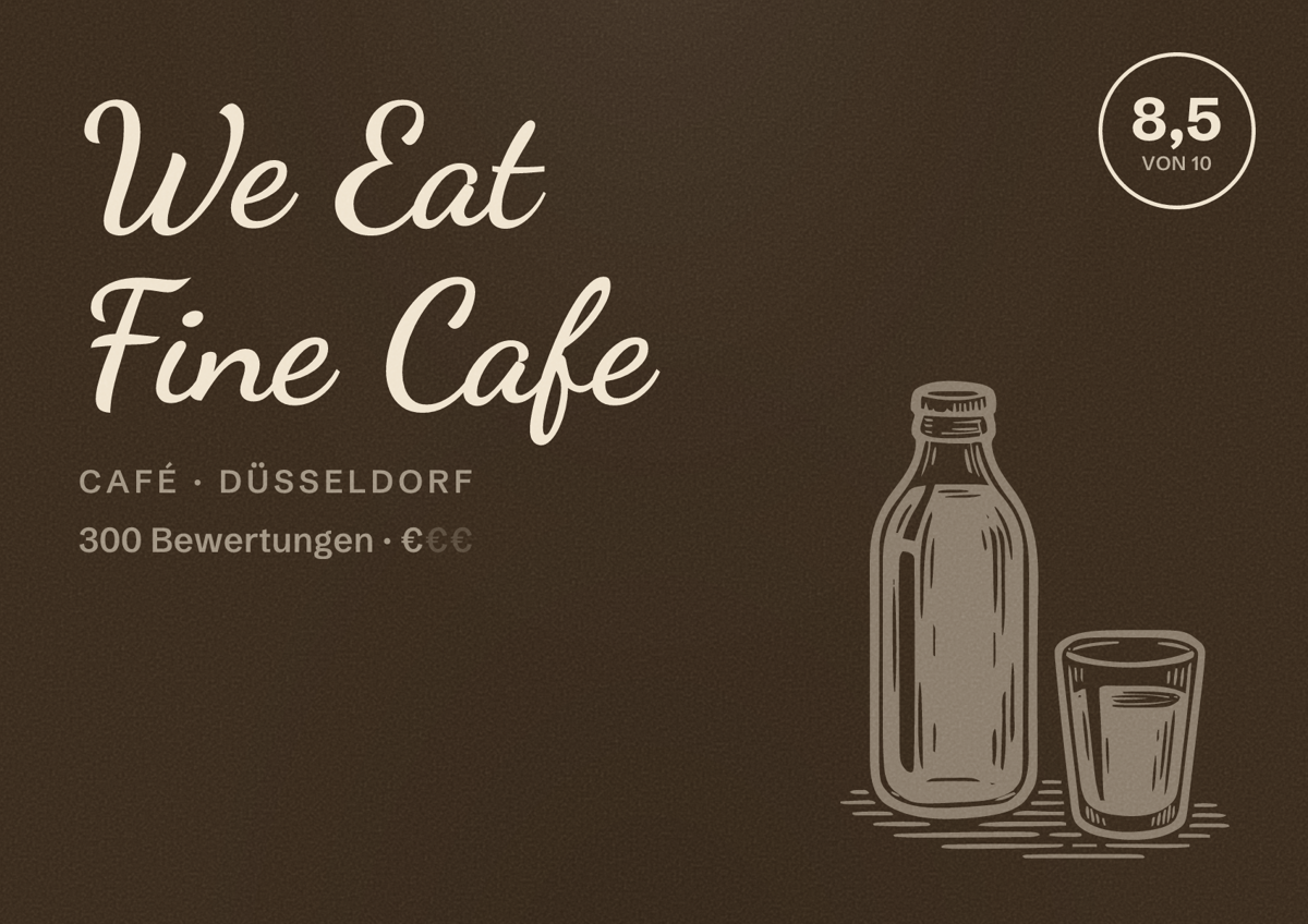 Illustriertes Poster von We Eat Fine Cafe, Café in Düsseldorf: Bewertung 8,5 von 10 aus 300 Bewertungen, Preisniveau €