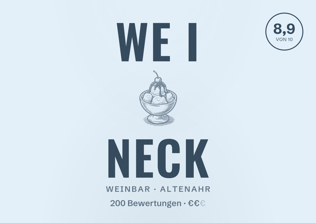 Illustriertes Poster von WE i NECK, Weinbar in Altenahr: Bewertung 8,9 von 10 aus 200 Bewertungen, Preisniveau €€