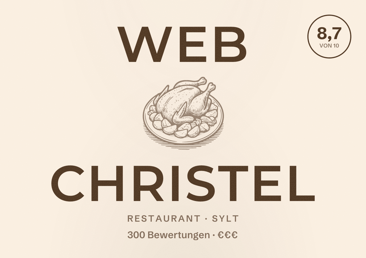 Illustriertes Poster von Web Christel, Restaurant in Sylt: Bewertung 8,7 von 10 aus 300 Bewertungen, Preisniveau €€€
