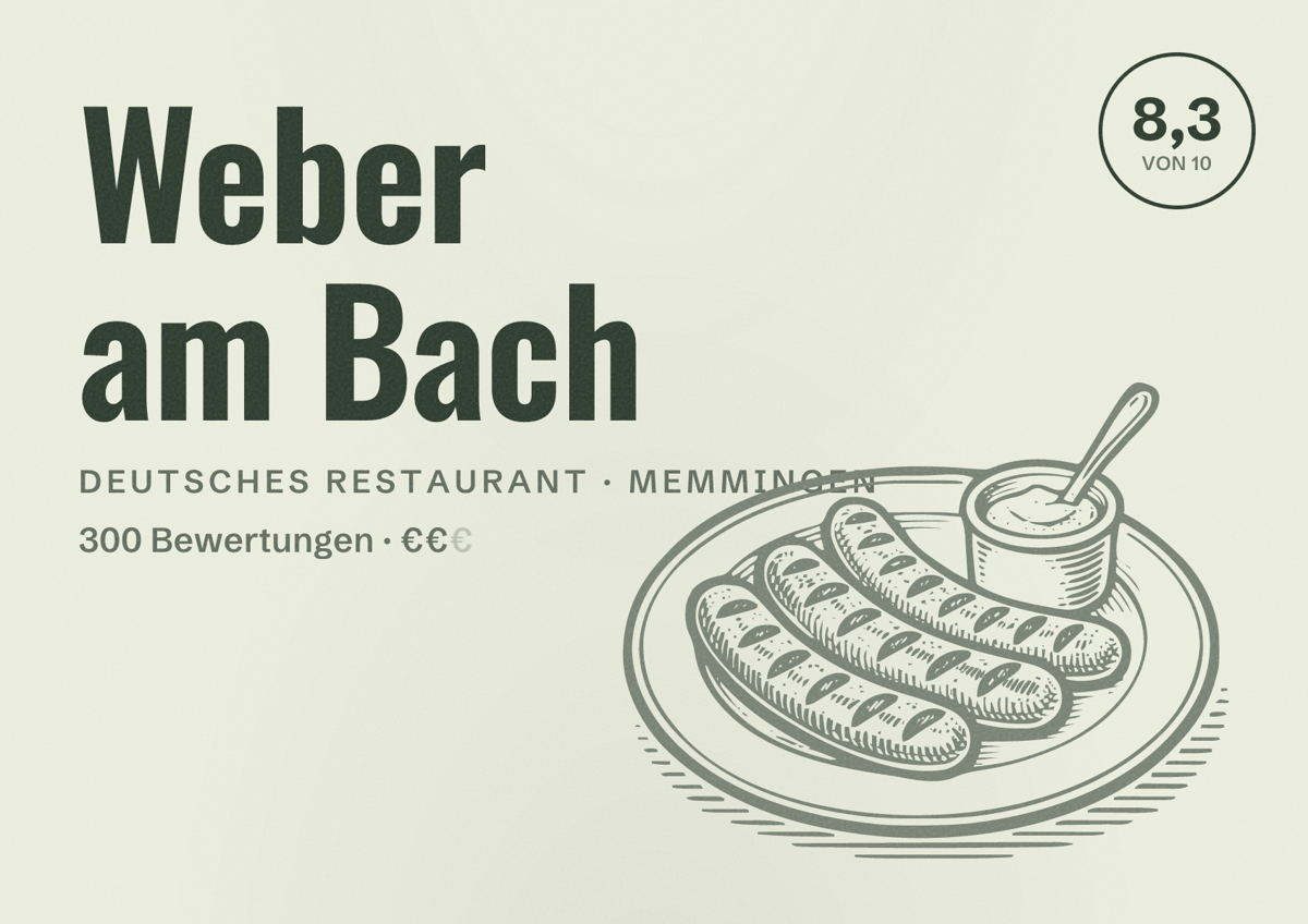 Illustriertes Poster von Weber am Bach, Deutsches Restaurant in Memmingen: Bewertung 8,3 von 10 aus 300 Bewertungen, Preisniveau €€