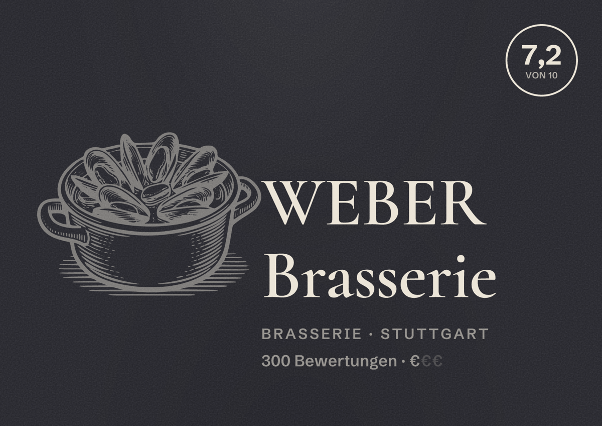 Illustriertes Poster von WEBER Brasserie, Brasserie in Stuttgart: Bewertung 7,2 von 10 aus 300 Bewertungen, Preisniveau €
