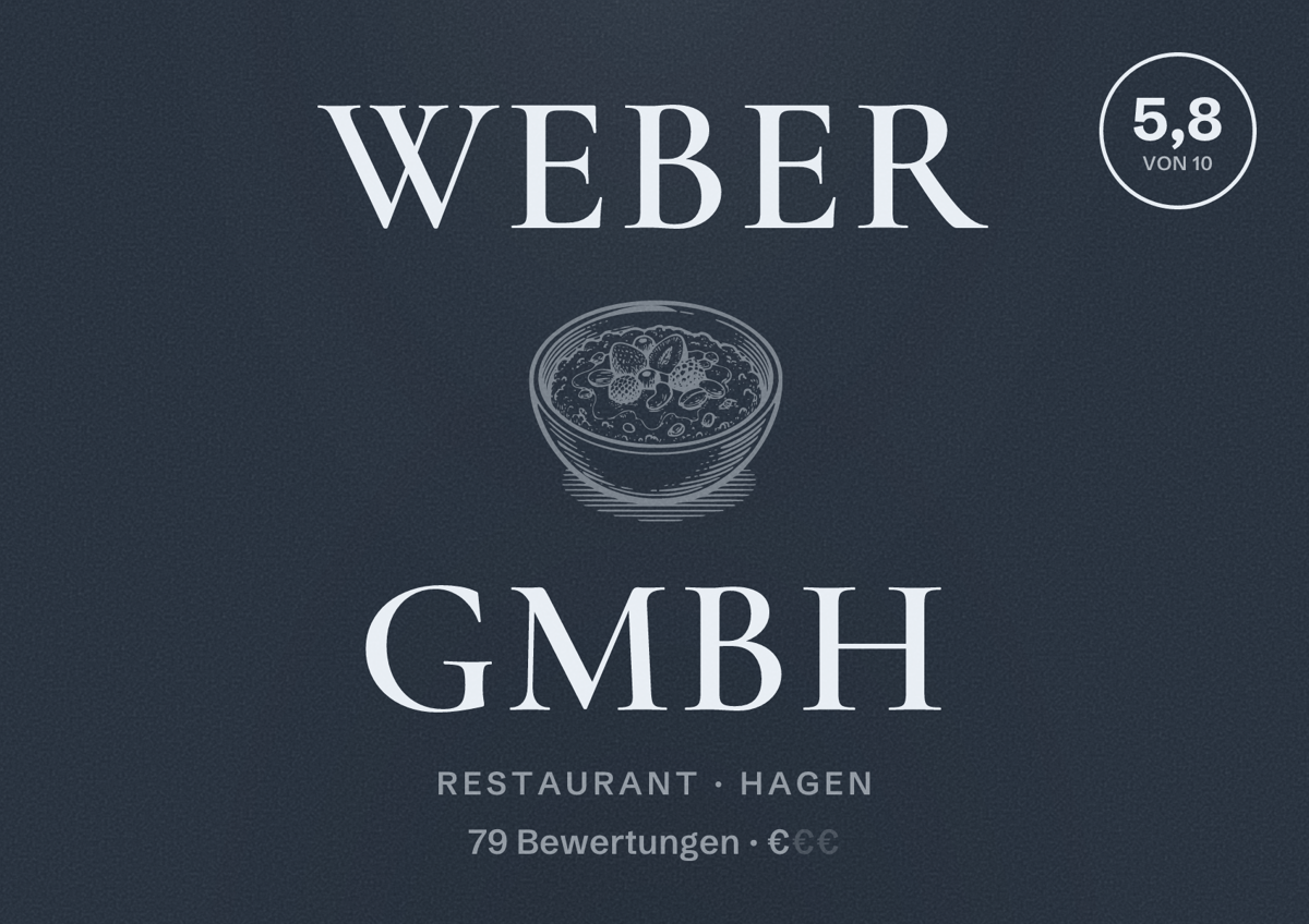 Illustriertes Poster von Weber GmbH, Restaurant in Hagen: Bewertung 5,8 von 10 aus 79 Bewertungen, Preisniveau €