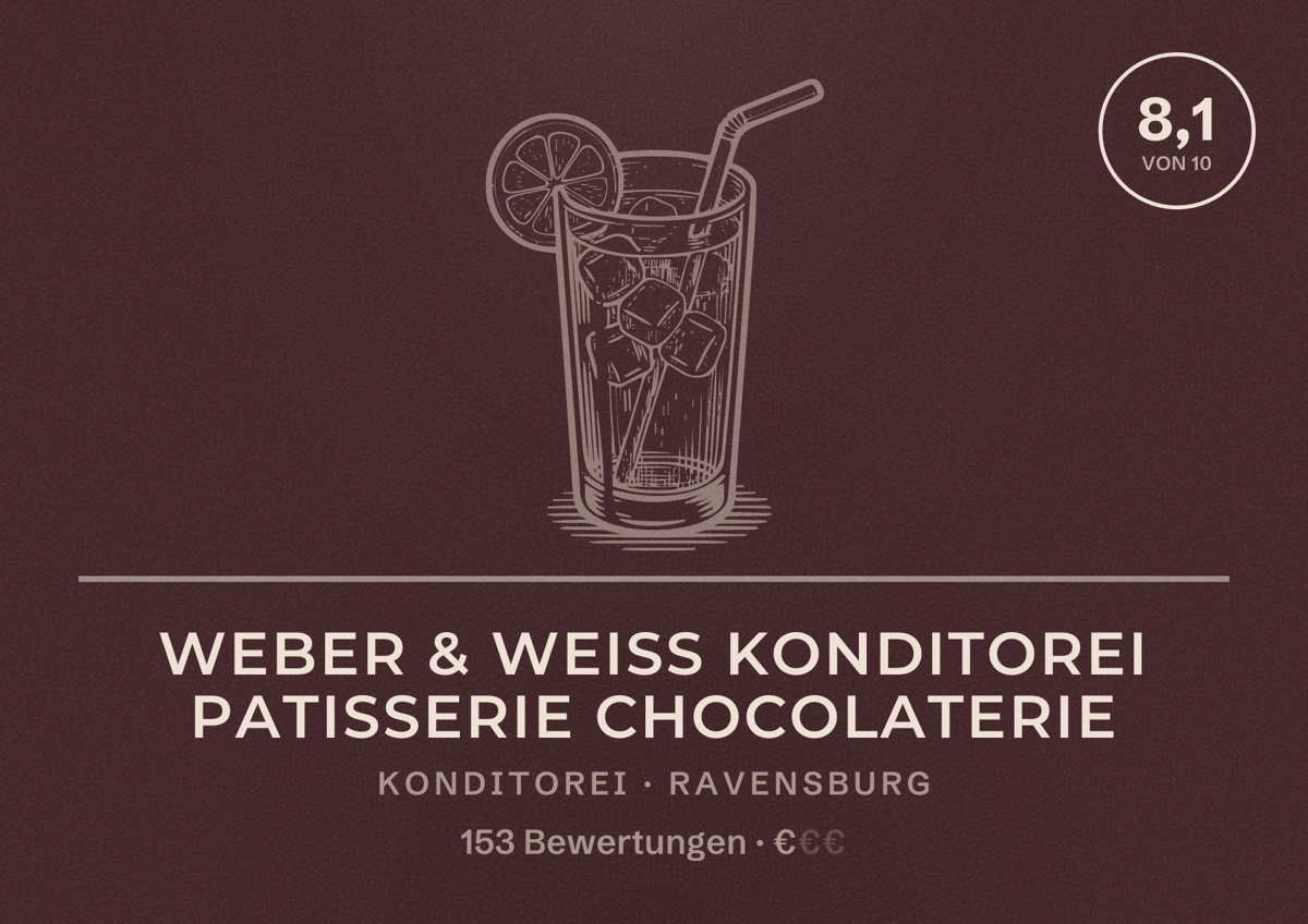 Illustriertes Poster von Weber & Weiss Konditorei Patisserie Chocolaterie, Konditorei in Ravensburg: Bewertung 8,1 von 10 aus 153 Bewertungen, Preisniveau €