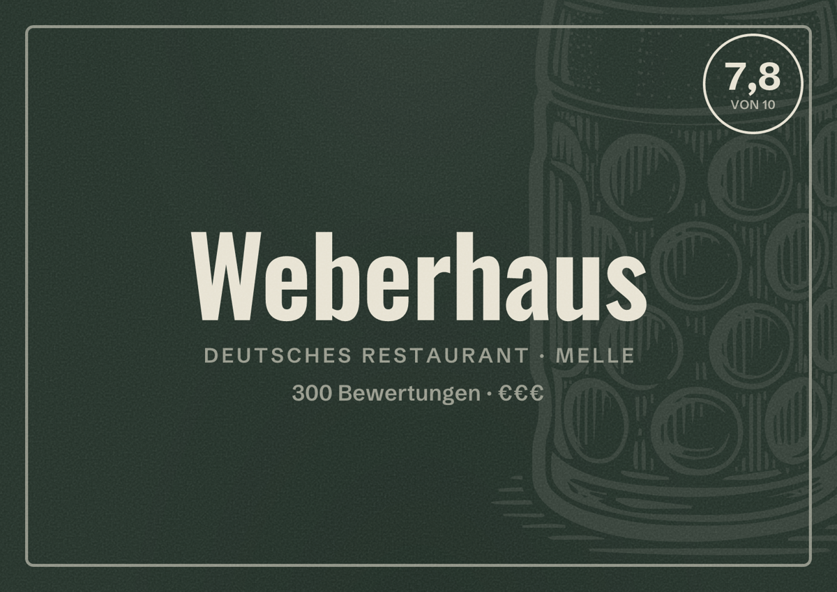 Illustriertes Poster von Weberhaus, Deutsches Restaurant in Melle: Bewertung 7,8 von 10 aus 300 Bewertungen, Preisniveau €€€