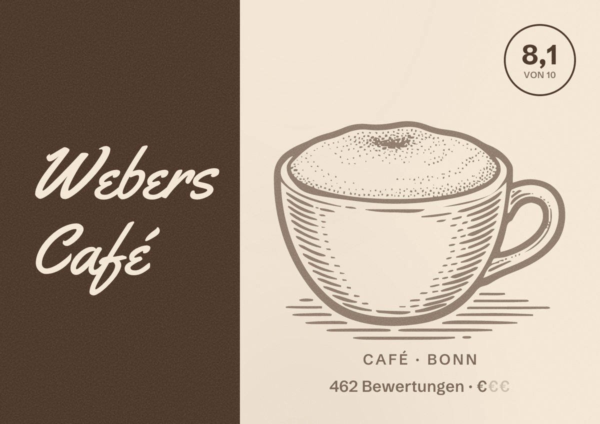 Illustriertes Poster von Webers Café, Café in Bonn: Bewertung 8,1 von 10 aus 462 Bewertungen, Preisniveau €