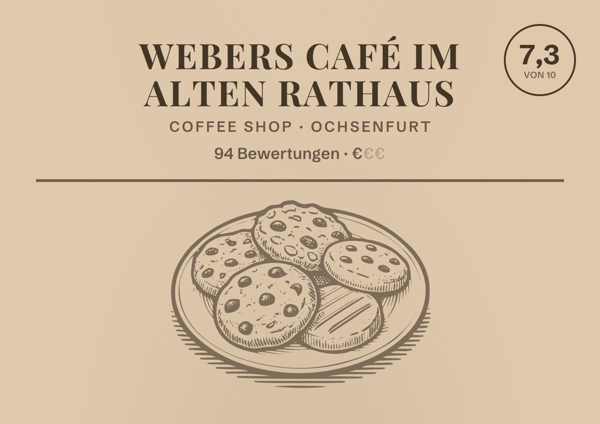 Illustriertes Poster von Webers Café im Alten Rathaus, Coffee Shop in Ochsenfurt: Bewertung 7,3 von 10 aus 94 Bewertungen, Preisniveau €