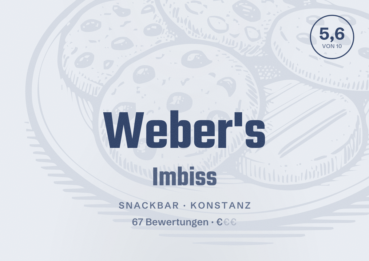 Illustriertes Poster von Weber's Imbiss, Snackbar in Konstanz: Bewertung 5,6 von 10 aus 67 Bewertungen, Preisniveau €
