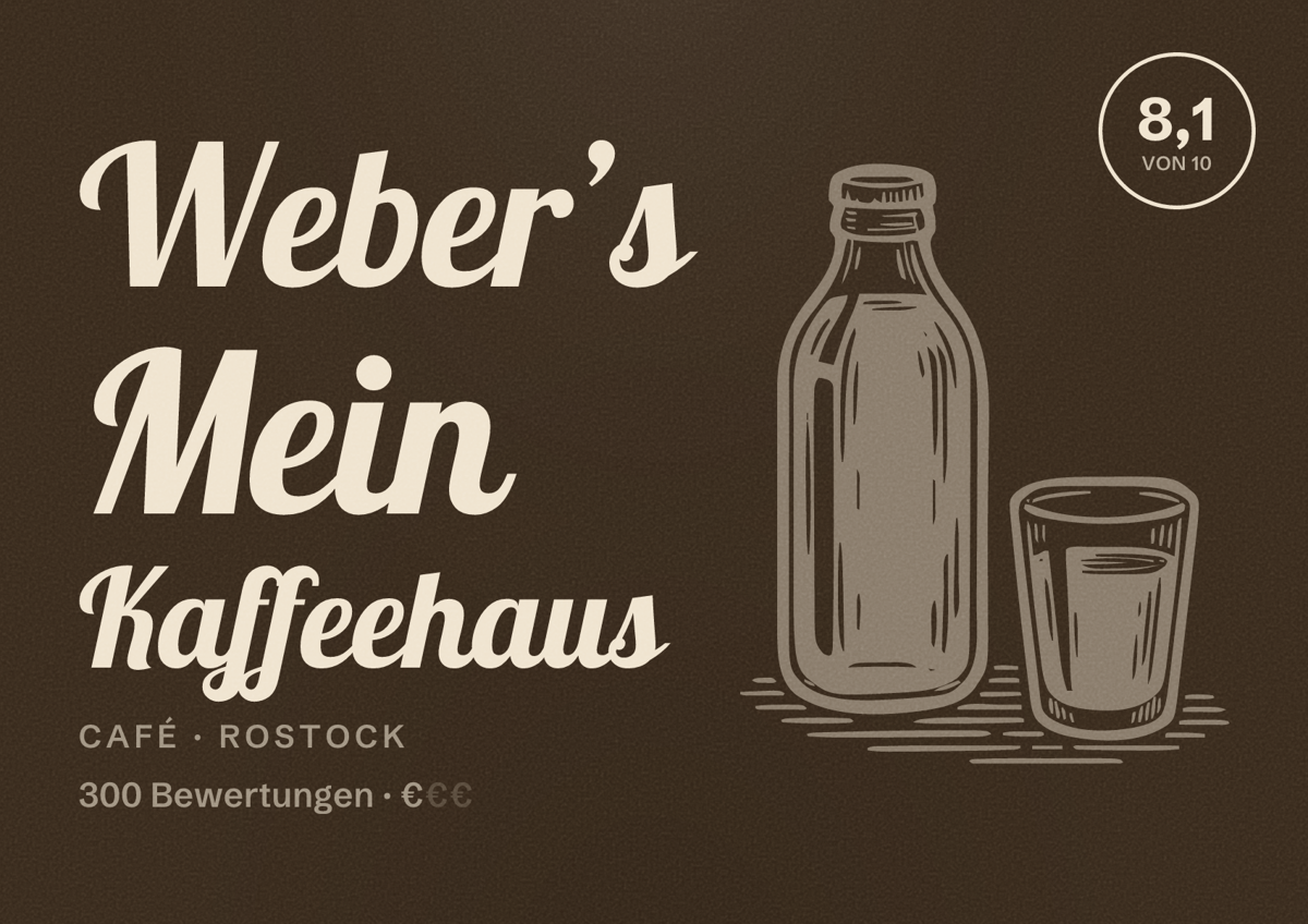 Illustriertes Poster von Weber’s Mein Kaffeehaus, Café in Rostock: Bewertung 8,1 von 10 aus 300 Bewertungen, Preisniveau €