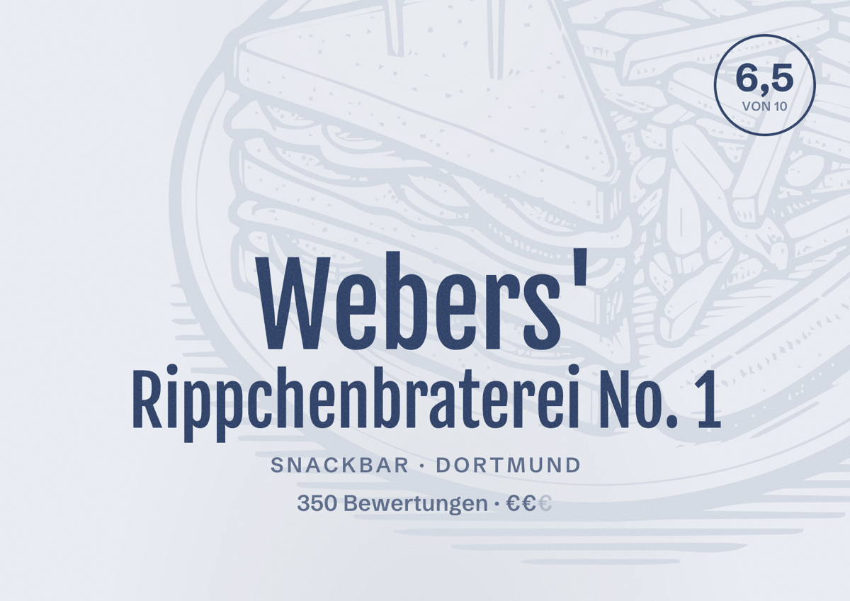 Illustriertes Poster von Webers' Rippchenbraterei No. 1, Snackbar in Dortmund: Bewertung 6,5 von 10 aus 350 Bewertungen, Preisniveau €€