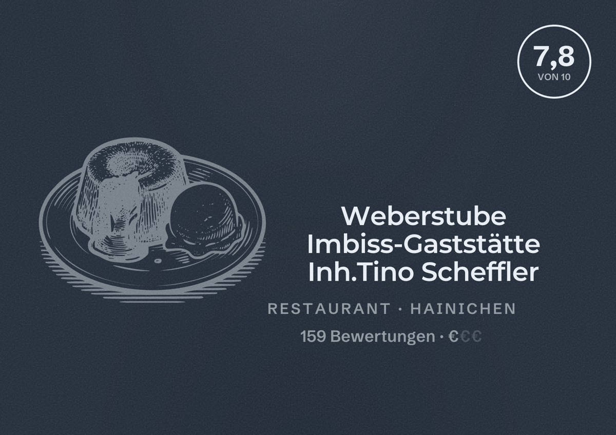 Illustriertes Poster von Weberstube Imbiss-Gaststätte Inh.Tino Scheffler, Restaurant in Hainichen: Bewertung 7,8 von 10 aus 159 Bewertungen, Preisniveau €