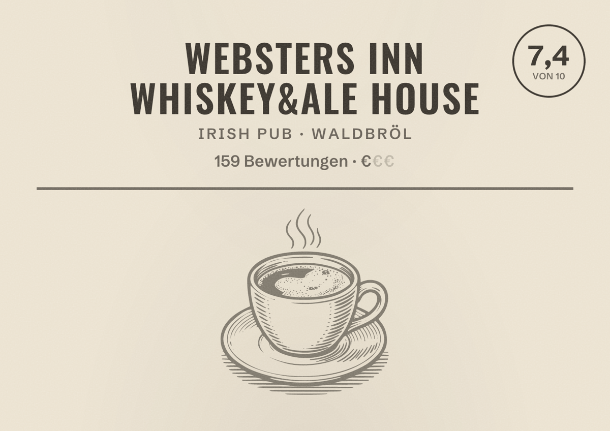 Illustriertes Poster von Websters Inn Whiskey&Ale House, Irish Pub in Waldbröl: Bewertung 7,4 von 10 aus 159 Bewertungen, Preisniveau €