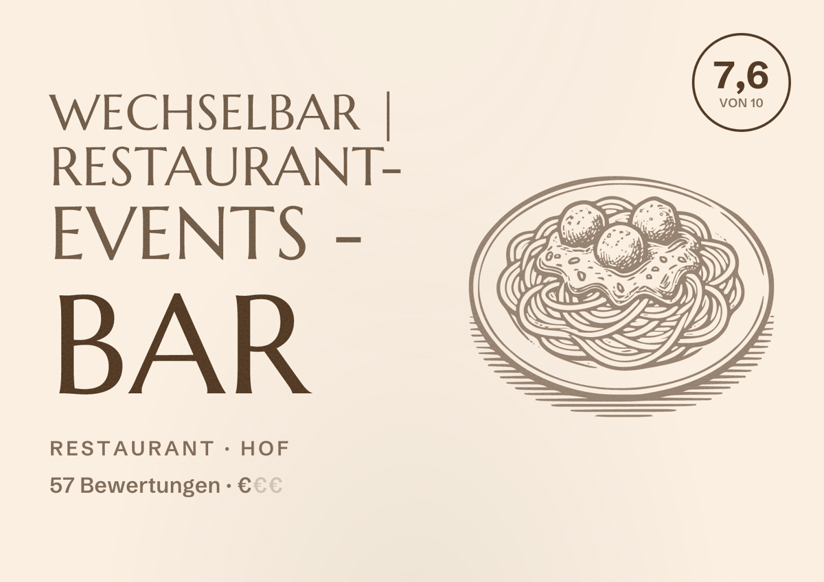 Illustriertes Poster von Wechselbar | Restaurant- Events - Bar, Restaurant in Hof: Bewertung 7,6 von 10 aus 57 Bewertungen, Preisniveau €