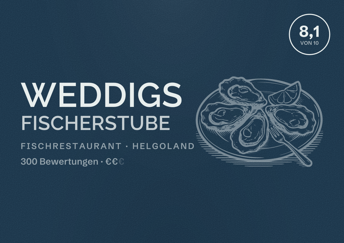 Illustriertes Poster von Weddigs Fischerstube, Fischrestaurant in Helgoland: Bewertung 8,1 von 10 aus 300 Bewertungen, Preisniveau €€